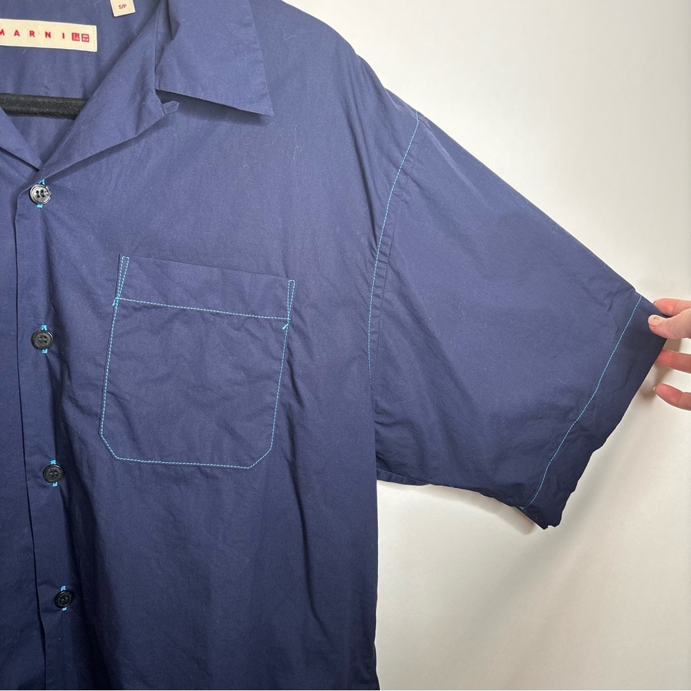 Marni x Uniqlo Oversized Navy Blue Short Sleeve Open Collar Shirt Size Small - Picture 7 of 8
